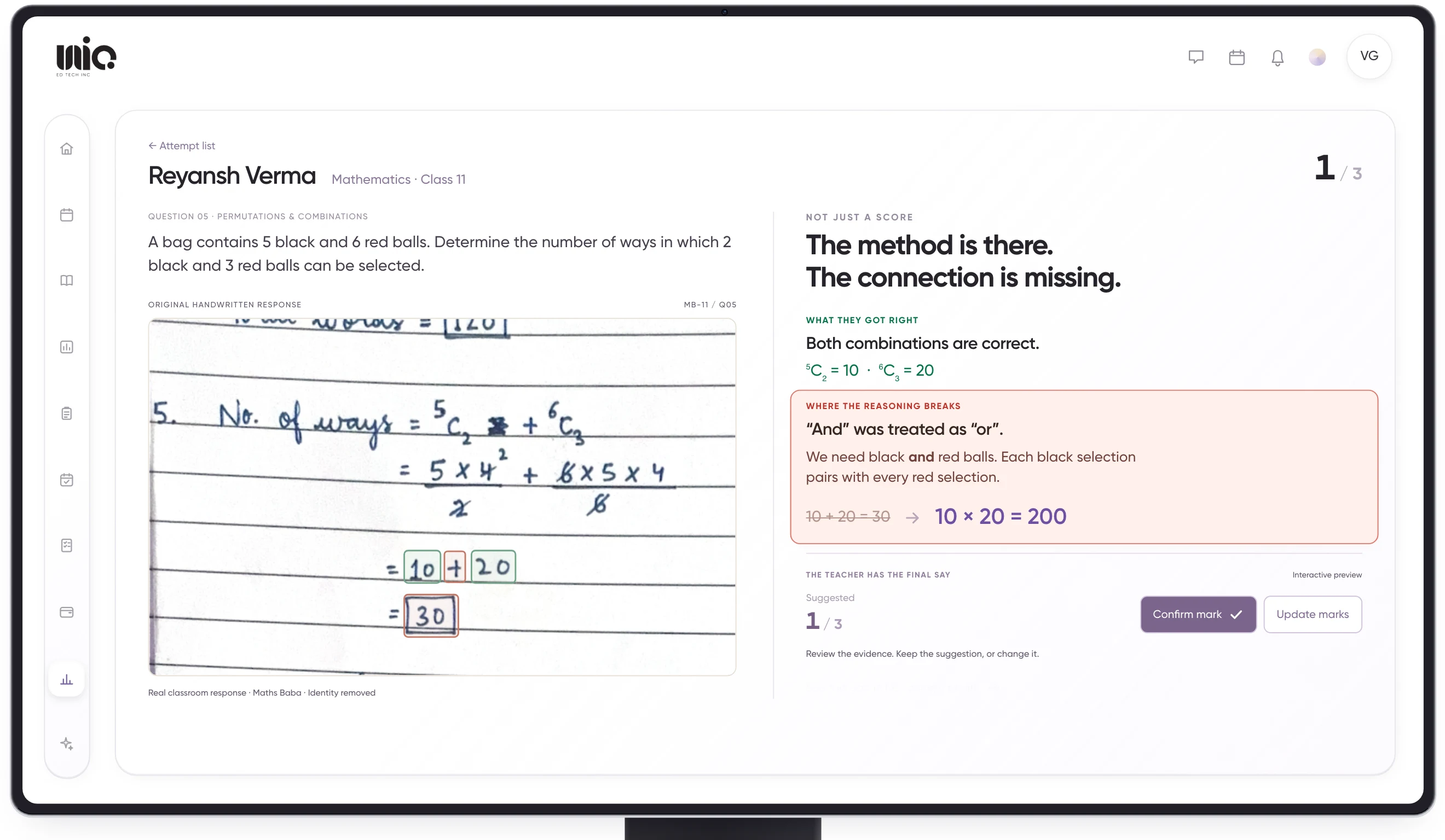 A handwritten answer marked in Unio, with feedback showing where the student’s reasoning broke